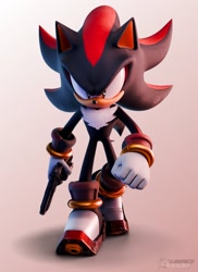 Size: 1493x2048 | Tagged: safe, artist:usagidood, shadow the hedgehog, 2024, 3d, gradient background, gun, holding something, looking at viewer, remake, shadow the hedgehog (video game), signature, solo