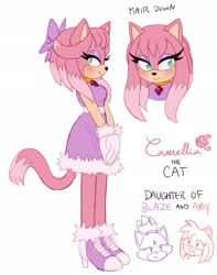 Size: 1612x2048 | Tagged: safe, artist:emthimofnight, oc, oc:camellia the cat, cat, 2024, blushing, character name, english text, fankid, female, green eyes, magical lesbian spawn, next generation, parent:amy, parent:blaze, parents:blazamy, pink fur, simple background, smile, solo, standing, white background
