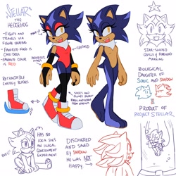 Size: 2048x2048 | Tagged: safe, artist:emthimofnight, oc, oc:stellar the hedgehog, hedgehog, 2024, adopted fankid, character name, english text, fankid, female, next generation, parent:shadow, parent:sonic, parents:sonadow, reference sheet, simple background, smile, solo, standing, white background