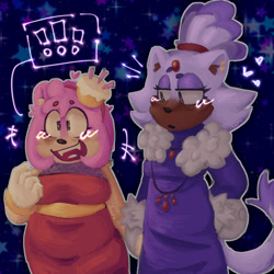 Size: 1640x1640 | Tagged: safe, artist:chaircoal, amy rose, blaze the cat, cat, hedgehog, the murder of sonic the hedgehog, 2023, amy x blaze, blaze's industrial dress, dress, exclamation mark, female, females only, hearts, holding hands, lesbian, looking at them, mouth open, shipping