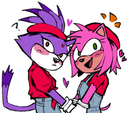 Size: 940x833 | Tagged: safe, artist:k1nn0, amy rose, blaze the cat, cat, hedgehog, 2023, amy x blaze, blushing, cute, female, females only, hearts, holding hands, lesbian, looking at viewer, mouth open, question mark, shipping
