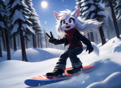 Size: 1056x768 | Tagged: safe, ai art, artist:mobians.ai, oc, dog, 2024, abstract background, daytime, female, long hair, looking ahead, mouth open, outdoors, smile, snow, snowboard, snowboarding, snowing, solo, tree, unknown oc, v sign, white fur