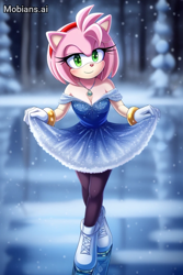 Size: 512x768 | Tagged: safe, ai art, artist:mobians.ai, amy rose, hedgehog, 2024, abstract background, alternate outfit, dress, female, lidded eyes, looking at viewer, necklace, smile, snow, snowing, solo