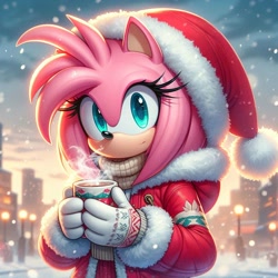 Size: 1024x1024 | Tagged: safe, ai art, artist:mobians.ai, amy rose, hedgehog, 2024, abstract background, coat, daytime, female, holding something, hot cocoa, looking at viewer, mug, santa hat, smile, snow, snowing, solo, winter, winter outfit