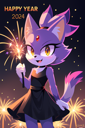 Size: 1024x1536 | Tagged: safe, ai art, artist:mobians.ai, blaze the cat, cat, 2024, alternate outfit, blazebetes, choker, cute, dress, ear fluff, english text, female, fireworks, holding something, new years, prompter:sage, smile, solo, sparkler, standing