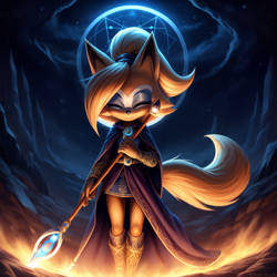 Size: 768x768 | Tagged: safe, ai art, artist:mobians.ai, whisper the wolf, wolf, abstract background, alternate outfit, eyes closed, female, holding something, mage, mage outfit, prompter:eloc 4, robe, solo, staff, standing