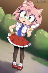 Size: 512x768 | Tagged: safe, ai art, artist:mobians.ai, amy rose, hedgehog, abstract background, blushing, female, hand on hip, looking offscreen, mouth open, prompter:cyn55, schoolgirl outfit, solo, standing, tie