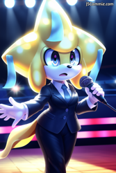 Size: 512x768 | Tagged: safe, ai art, abstract background, ai art error, crossover, genderless, holding something, jirachi, looking ahead, microphone, mobianified, mouth open, pokemon, prompter:autistictechie, singing, solo, stage, stage light, suit, tie