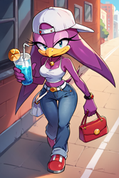 Size: 768x1152 | Tagged: safe, ai art, artist:mobians.ai, wave the swallow, bird, swallow, 2024, abstract background, alternate outfit, backwards cap, bag, belt, crop top, drink, female, handbag, holding something, jeans, lidded eyes, looking at viewer, outdoors, prompter:droo, smile, solo, walking