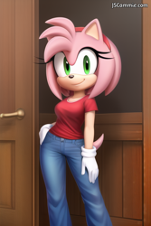 Size: 512x768 | Tagged: safe, ai art, artist:mobians.ai, amy rose, hedgehog, 2024, abstract background, alternate outfit, door, female, indoors, jeans, looking at viewer, prompter:sowinton, shirt, smile, solo, standing