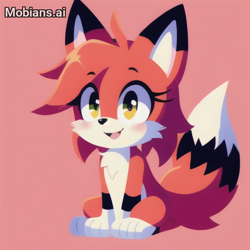 Size: 512x512 | Tagged: safe, ai art, artist:mobians.ai, oc, fox, 2024, animalified, blushing, chest fluff, cute, eyebrow clipping through hair, looking offscreen, ocbetes, paws, pink background, pink fur, prompter:taeko, simple background, sitting, smile, solo, unknown oc, yellow eyes