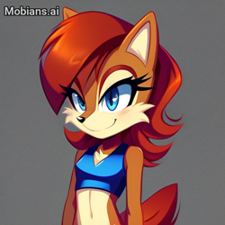Size: 512x512 | Tagged: safe, ai art, artist:mobians.ai, sally acorn, 2024, alternate outfit, blushing, chest fluff, crop top, female, grey background, looking ahead, prompter:taeko, simple background, smile, solo, standing, watermark