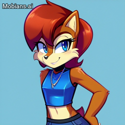Size: 512x512 | Tagged: safe, ai art, artist:mobians.ai, sally acorn, 2024, alternate outfit, blue background, blushing, crop top, female, hand on hip, looking offscreen, prompter:taeko, shorts, simple background, smile, solo, standing, watermark