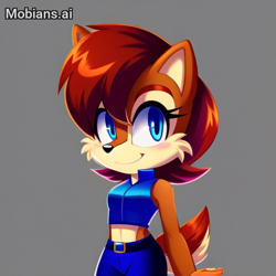 Size: 512x512 | Tagged: safe, ai art, artist:mobians.ai, sally acorn, 2024, alternate outfit, belt, blushing, crop top, female, grey background, looking offscreen, prompter:taeko, shorts, simple background, smile, solo, standing