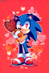 Size: 1024x1536 | Tagged: safe, ai art, artist:mobians.ai, sonic the hedgehog, hedgehog, 2024, chili dog, heart, heart eyes, holding something, male, outline, prompter:metal, red background, simple background, smile, solo, standing, valentine's day