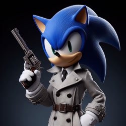 Size: 1024x1024 | Tagged: safe, ai art, artist:mobians.ai, sonic the hedgehog, hedgehog, 2024, 3d, gradient background, gun, male, prompter:the black knight, revolver, smile, solo, trench coat