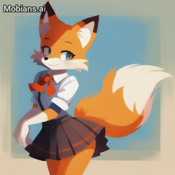 Size: 512x512 | Tagged: safe, ai art, artist:mobians.ai, oc, fox, 2024, blue eyes, blushing, border, ear fluff, female, leaning forward, lidded eyes, lineless, looking back, prompter:taeko, schoolgirl outfit, smile, solo, standing, unknown oc, yellow fur
