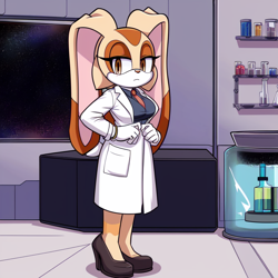 Size: 1024x1024 | Tagged: safe, ai art, artist:mobians.ai, cream the rabbit, rabbit, 2024, aged up, female, frown, indoors, lab coat, labratory, lidded eyes, looking down, older, prompter:dragonfire987, solo, standing