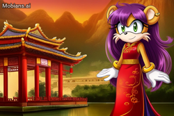 Size: 768x512 | Tagged: safe, ai art, artist:mobians.ai, mina mongoose, mongoose, 2024, abstract background, alternate outfit, china, dress, edit, female, looking offscreen, new years, prompter:taptun39, smile, solo, standing, sunset
