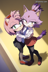 Size: 512x768 | Tagged: safe, ai art, artist:mobians.ai, amy rose, blaze the cat, cat, hedgehog, 2024, abstract background, amy x blaze, blushing, duo, female, holding each other, lesbian, lidded eyes, mouth open, prompter:cyn55, schoolgirl outfit, shipping, standing