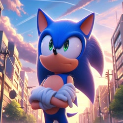 Size: 1024x1024 | Tagged: safe, ai art, sonic the hedgehog, hedgehog, 2024, 3d, abstract background, city, clouds, daytime, frown, looking up, male, outdoors, prompter:speed sonic star, solo, standing