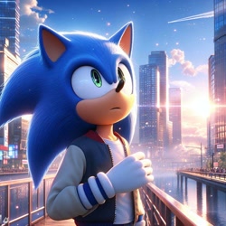 Size: 1024x1024 | Tagged: safe, ai art, sonic the hedgehog, hedgehog, 2024, 3d, abstract background, city, clouds, jacket, looking up, male, mouth open, outdoors, prompter:speed sonic star, shirt, solo, standing