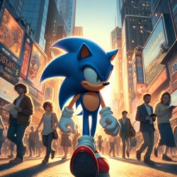 Size: 1024x1024 | Tagged: safe, ai art, sonic the hedgehog, hedgehog, human, 2024, abstract background, ambiguous gender, city, female, group, holding something, looking offscreen, male, prompter:speed sonic star, smile, solo focus, walking