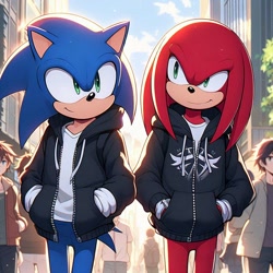 Size: 1024x1024 | Tagged: safe, ai art, knuckles the echidna, sonic the hedgehog, echidna, hedgehog, human, 2024, abstract background, alternate eye color, clothes, daytime, duo, duo male, green eyes, hands in pocket, jacket, male, males only, outdoors, prompter:speed sonic star, shirt, smile, standing