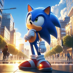 Size: 1024x1024 | Tagged: safe, ai art, sonic the hedgehog, hedgehog, human, 2024, 3d, abstract background, city, clouds, daytime, looking up, male, no mouth, prompter:speed sonic star, solo, standing, thinking, tree
