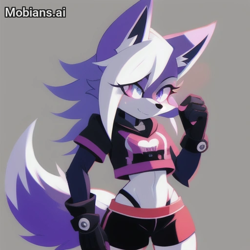 Size: 512x512 | Tagged: safe, ai art, artist:mobians.ai, oc, wolf, 2024, clenched fist, cropped hoodie, ear fluff, female, fingerless gloves, grey background, grey fur, hair over one eye, lineless, long hair, looking at viewer, pink eyes, prompter:taeko, shorts, simple background, smile, solo, standing, unknown oc