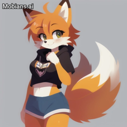 Size: 512x512 | Tagged: safe, ai art, artist:mobians.ai, miles "tails" prower, fox, 2024, alternate eye color, blushing, colored ears, cropped hoodie, ear fluff, eye clipping through hair, eyebrow clipping through hair, female, green eyes, grey background, lineless, older, prompter:taeko, shorts, simple background, smile, solo, standing, teenager, trans female, transgender