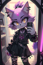 Size: 1024x1536 | Tagged: safe, ai art, artist:mobians.ai, blaze the cat, cat, 2024, abstract background, dress, ear fluff, ear piercing, earring, eyeshadow, female, goth, goth blaze, goth outfit, jacket, looking at viewer, mirror, phone, prompter:sage, selfie, smartphone, solo, standing