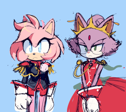 Size: 834x743 | Tagged: safe, artist:_motobug, amy rose, blaze the cat, cat, hedgehog, 2021, amy x blaze, crown, cute, dress, female, females only, lesbian, looking at them, shipping