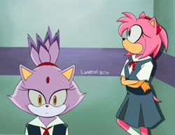 Size: 2048x1583 | Tagged: safe, artist:lamerrart, amy rose, blaze the cat, cat, hedgehog, 2023, amy x blaze, crossover, cute, female, females only, lesbian, looking at viewer, neon genesis evangelion, schoolgirl outfit, shipping
