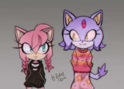 Size: 540x386 | Tagged: safe, artist:victoryrina, amy rose, blaze the cat, cat, hedgehog, 2023, amy x blaze, crossover, cute, female, females only, hands behind back, lesbian, looking at them, shipping