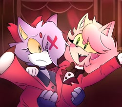 Size: 1731x1532 | Tagged: safe, artist:imavymimi, amy rose, blaze the cat, cat, hedgehog, 2024, amy x blaze, carrying them, crossover, cute, female, females only, hazbin hotel, lesbian, looking at each other, mouth open, shipping