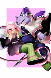 Size: 1344x2048 | Tagged: safe, artist:neguthewhitefox, amy rose, blaze the cat, cat, hedgehog, 2023, amy x blaze, blushing, clenched teeth, crossover, cute, eyes closed, female, females only, lesbian, shipping, sword