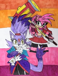 Size: 2500x3252 | Tagged: safe, artist:bladethefisher, amy rose, blaze the cat, cat, hedgehog, 2023, amy x blaze, cute, female, females only, lesbian, lesbian pride, looking at viewer, piko piko hammer, pride, shipping, traditional media