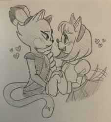 Size: 1858x2048 | Tagged: safe, artist:galazyprince, amy rose, blaze the cat, cat, hedgehog, 2023, amy x blaze, cute, female, females only, hand on cheek, hearts, holding hands, lesbian, line art, looking at each other, mouth open, shipping, sketch, traditional media, wagging tail