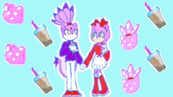 Size: 1600x900 | Tagged: safe, artist:galaxygalll1, amy rose, blaze the cat, cat, hedgehog, 2022, amy x blaze, cute, drink, female, females only, holding hands, lesbian, looking at each other, shipping