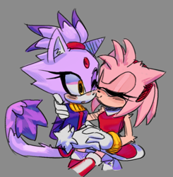Size: 802x820 | Tagged: safe, artist:boyscout_badger, amy rose, blaze the cat, cat, hedgehog, 2024, amy x blaze, amy's halterneck dress, blaze's tailcoat, blushing, cute, eyes closed, female, females only, holding hands, kiss on cheek, lesbian, one eye closed, shipping, sitting on them