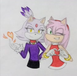 Size: 2000x1972 | Tagged: safe, artist:sonix_art, amy rose, blaze the cat, cat, hedgehog, 2024, amy x blaze, amy's halterneck dress, female, females only, flame, heart, heart hands, lesbian, looking at viewer, one eye closed, shipping, traditional media