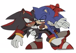 Size: 2048x1438 | Tagged: safe, artist:roastedgarlics2, shadow the hedgehog, sonic the hedgehog, hedgehog, 2024, blushing, bow, clenched teeth, duo, duo male, flustered, gay, holding them, lidded eyes, looking at each other, male, males only, mouth hold, shadow x sonic, shipping, simple background, valentine's day, white background