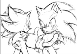 Size: 891x629 | Tagged: safe, artist:fsonic3, shadow the hedgehog, sonic the hedgehog, hedgehog, 2024, arms folded, duo, duo male, frown, gay, line art, looking at viewer, looking back at viewer, male, redraw, shadow the hedgehog (video game), shadow x sonic, shipping, simple background, smile, standing, thumbs up, white background