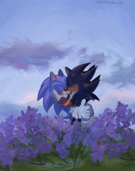 Size: 691x872 | Tagged: safe, artist:i5uckers_ie, shadow the hedgehog, sonic the hedgehog, hedgehog, 2024, abstract background, clouds, daytime, duo, duo male, eyes closed, flower, gay, holding each other, kiss, lavender, male, males only, outdoors, shadow x sonic, shipping, sonic boom (tv), standing, valentine's day