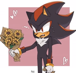 Size: 2048x1970 | Tagged: safe, artist:alyapwi, shadow the hedgehog, hedgehog, 2024, blushing, border, flower, flower bouquet, heart, holding something, looking offscreen, male, mouth open, signature, simple background, solo, solo male, standing, sunflower, sweatdrop, valentine's day