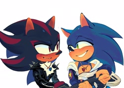 Size: 2048x1458 | Tagged: safe, artist:s0nadow, shadow the hedgehog, hedgehog, 2024, blushing, date, duo, duo male, gloves off, guitar, holding something, jacket, looking at each other, male, males only, necklace, simple background, smile, white background
