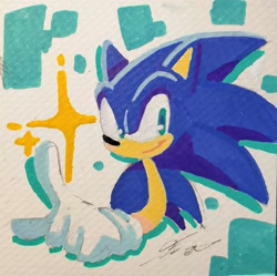 Size: 2048x2036 | Tagged: safe, artist:stupidfred0, sonic the hedgehog, hedgehog, 2024, abstract background, looking back, male, pointing, signature, smile, solo, solo male, sparkles, traditional media