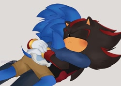 Size: 1276x908 | Tagged: safe, artist:chaoxx_cg, shadow the hedgehog, sonic the hedgehog, hedgehog, 2024, blushing, clothes, duo, duo male, eyes closed, frown, gay, grey background, hugging, jacket, lying on them, male, males only, shadow x sonic, shipping, shorts, simple background