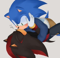 Size: 1344x1307 | Tagged: safe, artist:chaoxx_cg, shadow the hedgehog, sonic the hedgehog, hedgehog, 2024, blushing, clothes, duo, duo male, eyes closed, gay, grey background, heart, holding each other, hugging, jacket, kiss, looking at them, lying on them, male, males only, shadow x sonic, shipping, shorts, simple background